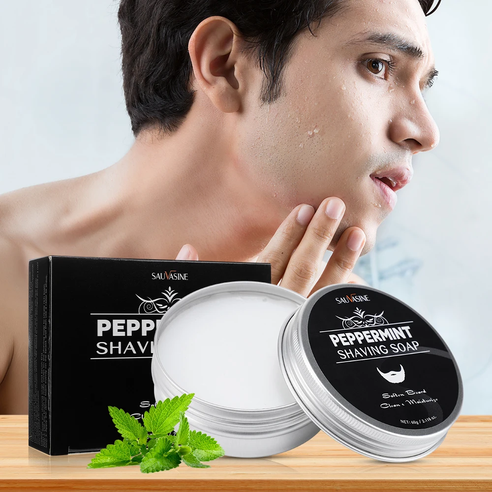 Sabonete de barbear com aroma de hortelã, espuma rica, creme de barbear com hortelã-pimenta, sem irritação, creme de barba suave e confortável para homens