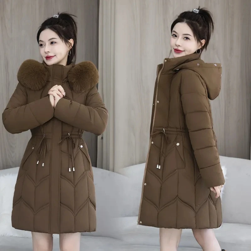 

Women's Down cotton Jacket Winter Fashion Mid length Warm Coat New Slim Big fur collar Thick Jackets Women's Long Parka Overcoat