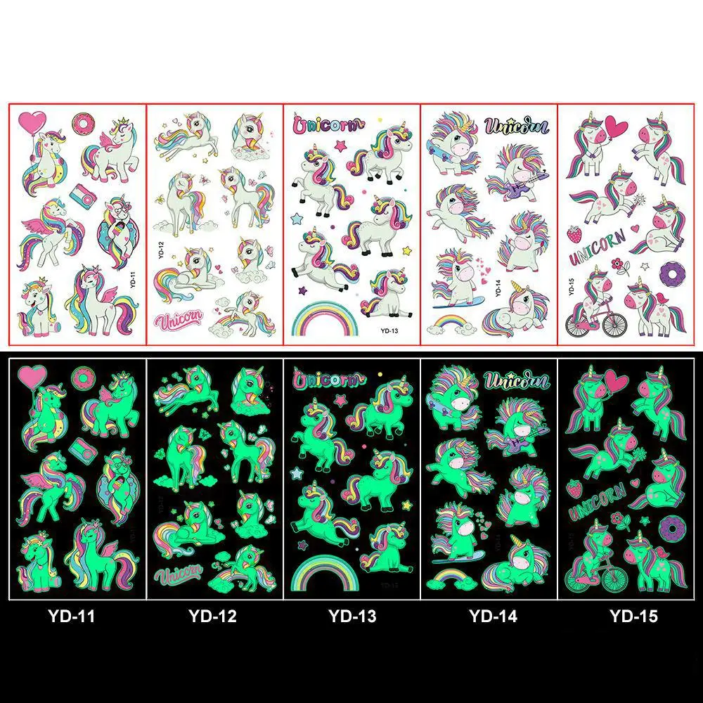 어린이를 위한 빛나는 밤 문신 스티커 유니콘 별 임시 방수 문신 바디 아트, 아이 만화 가짜 문신, 5 개/세트