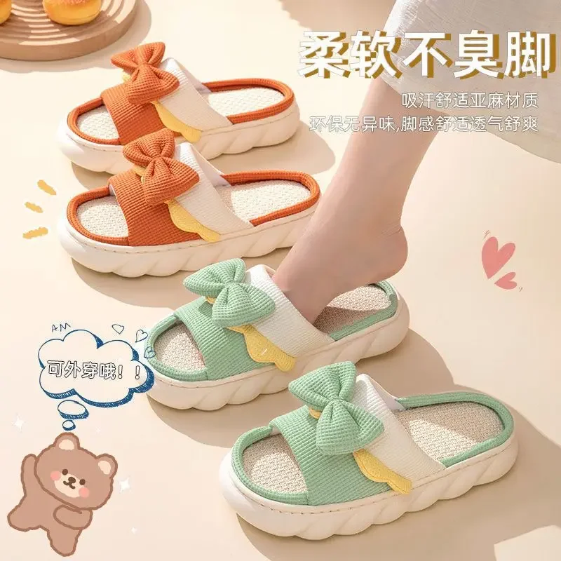 Women Thick Platform Linen Slippers Home Anti-slip Indoor Slipper Summer Beach Sandals Soft EVA Flat Shoes Cute Cartoon Slides