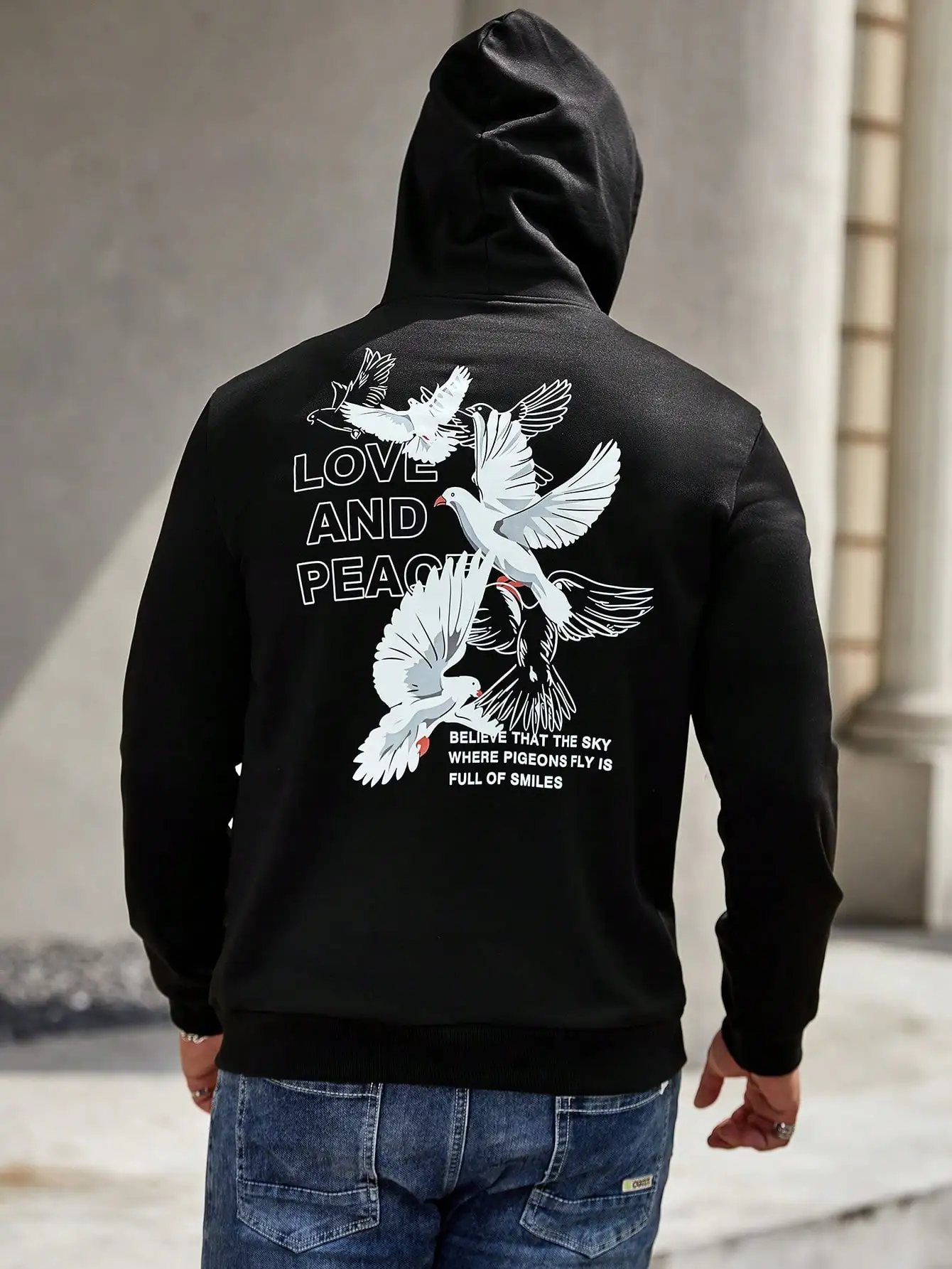 Love And Peace White Flying Bird Pattern Men Hoodie All-Match New Sportswear Hip Hop Fashion Clothes Casual Fleece Pullovers