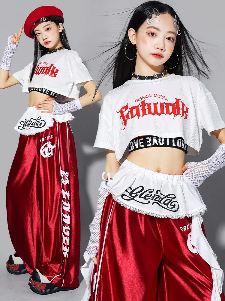 Girls K-pop Crop Top Shiny Joggers Pants Children Streetwear Girl Group Costume Kids Teen Hip Hop Jazz Street Dance Clothes Sets
