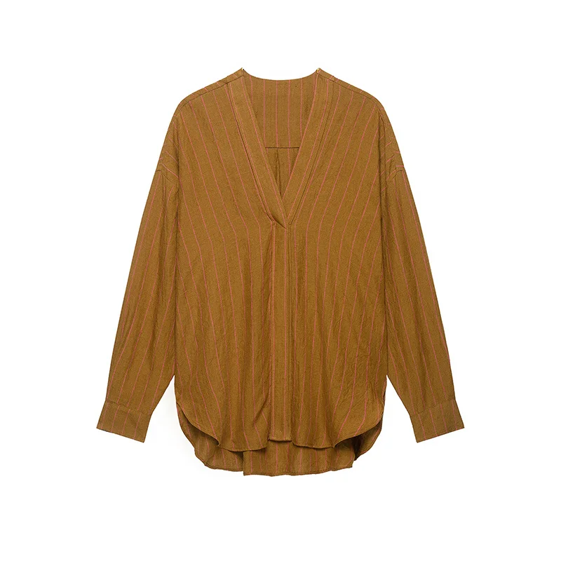 Camisa de Mujer Smvp, Nueva Colección Otoño 2026, Camiseta Holgada de Manga Larga a Rayas Color Camel, Estilo Casual, Moda Relajada y Descontraída