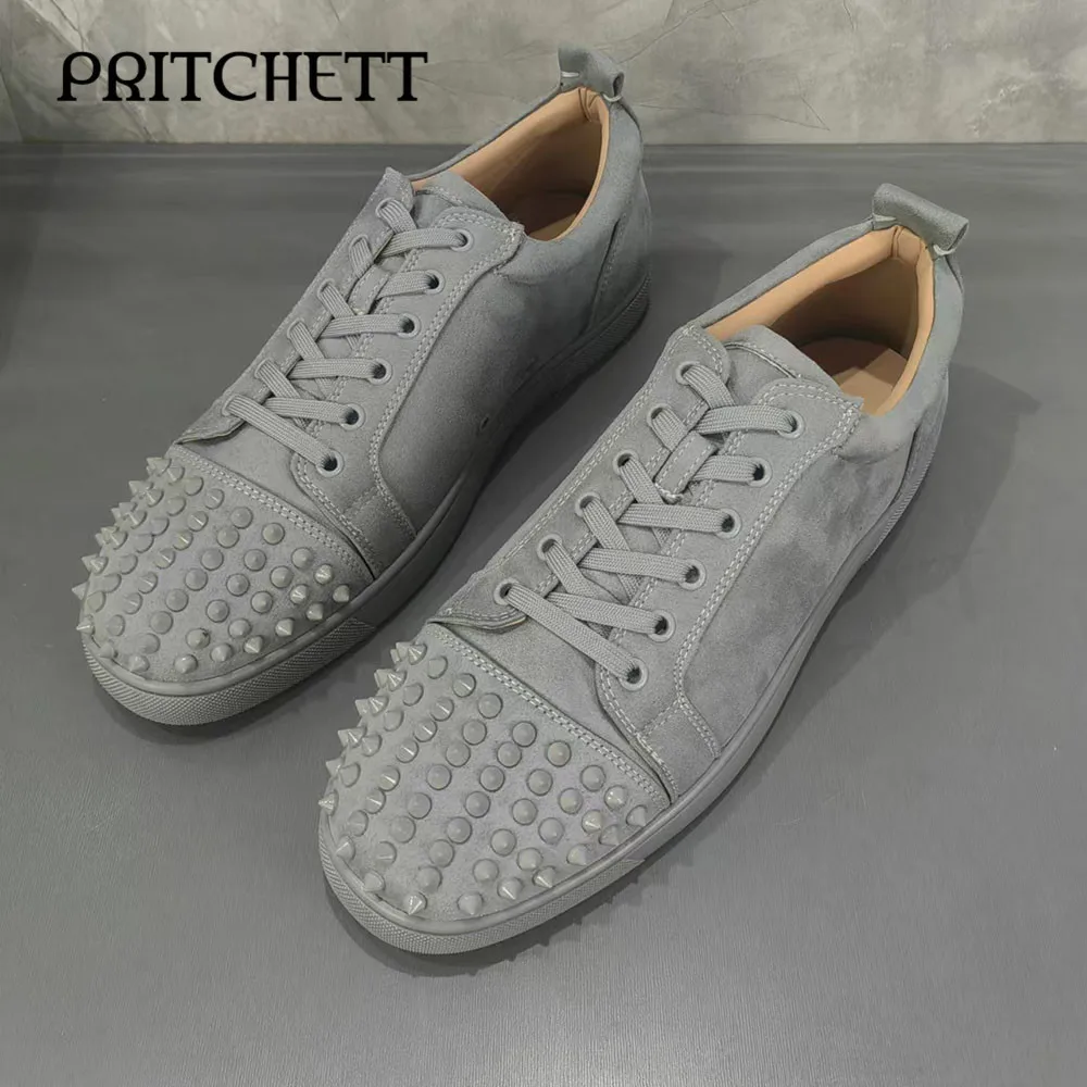 

Grey Suede Studded Sneakers Round Toe Lace-Up Personality Casual Shoes Large Size Fashionable and Comfortable Daily Unisex Shoes