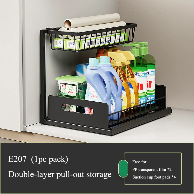 Kitchen Storage Shelf for Clutter-Free Ironwork 2-Tier Dish & Spice Storage Rack Multi-functional Pull-Out Under Sink Organizer