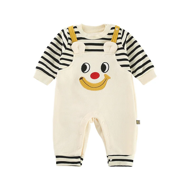 Spring Autumn New Newborn Boys Romper Fake Two Pieces Cartoon Eyes Print Infant Boys Bodysuit Patched Striped Baby Boys Jumpsuit