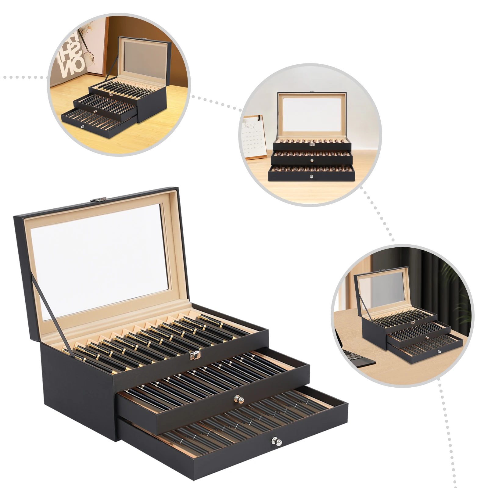 

Трехуровневый футляр для перьевых ручек, коллекционный бокс из МДФ на 36 слотов с прозрачной стеклянной крышкой и выдвижными ящиками для хранения и демонстрации премиальных ручек