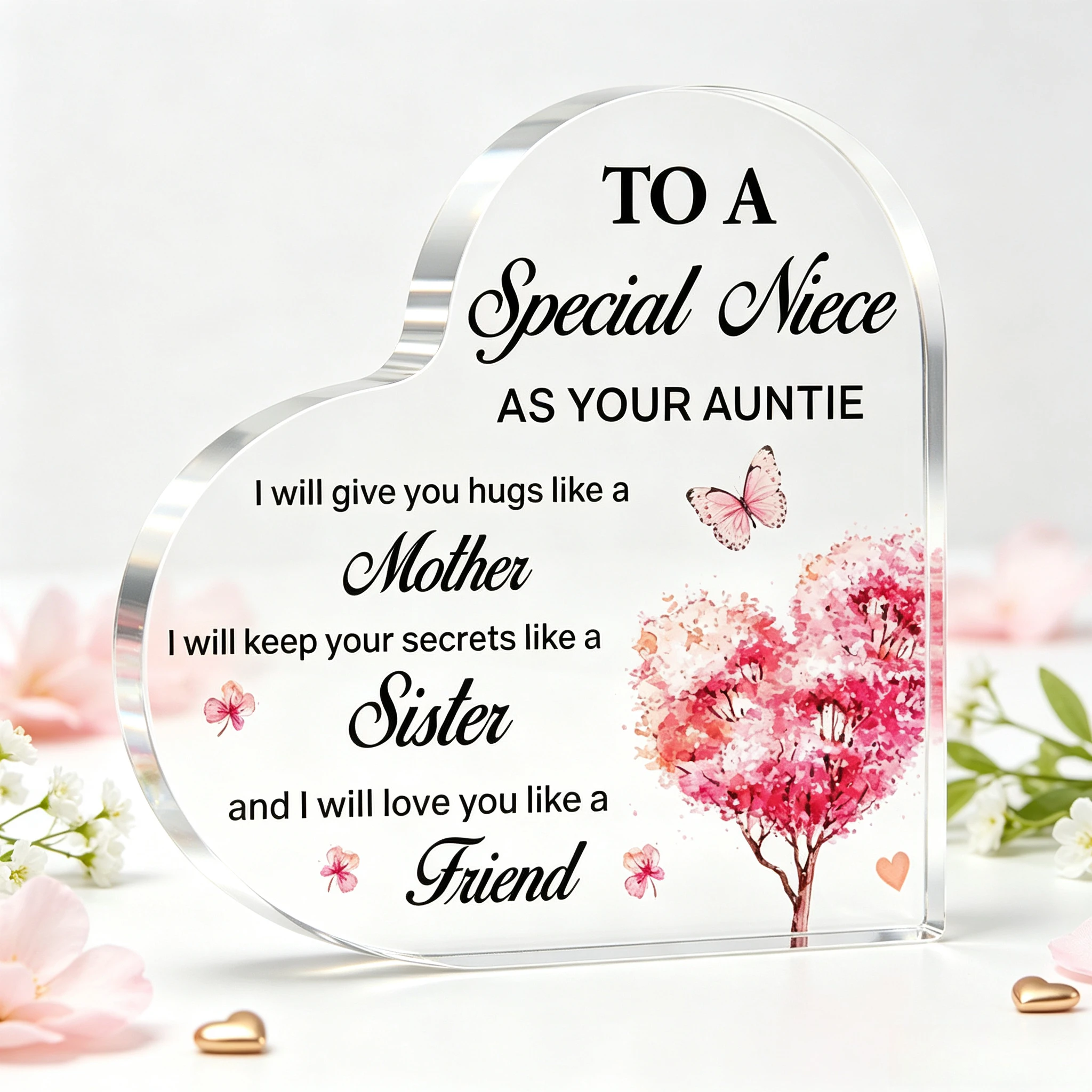Pink Blossom Heart‑Shaped Tree & Butterfly Heart Acrylic Stand, Aunt‑to‑Niece Sentimental Quote Table Ornament