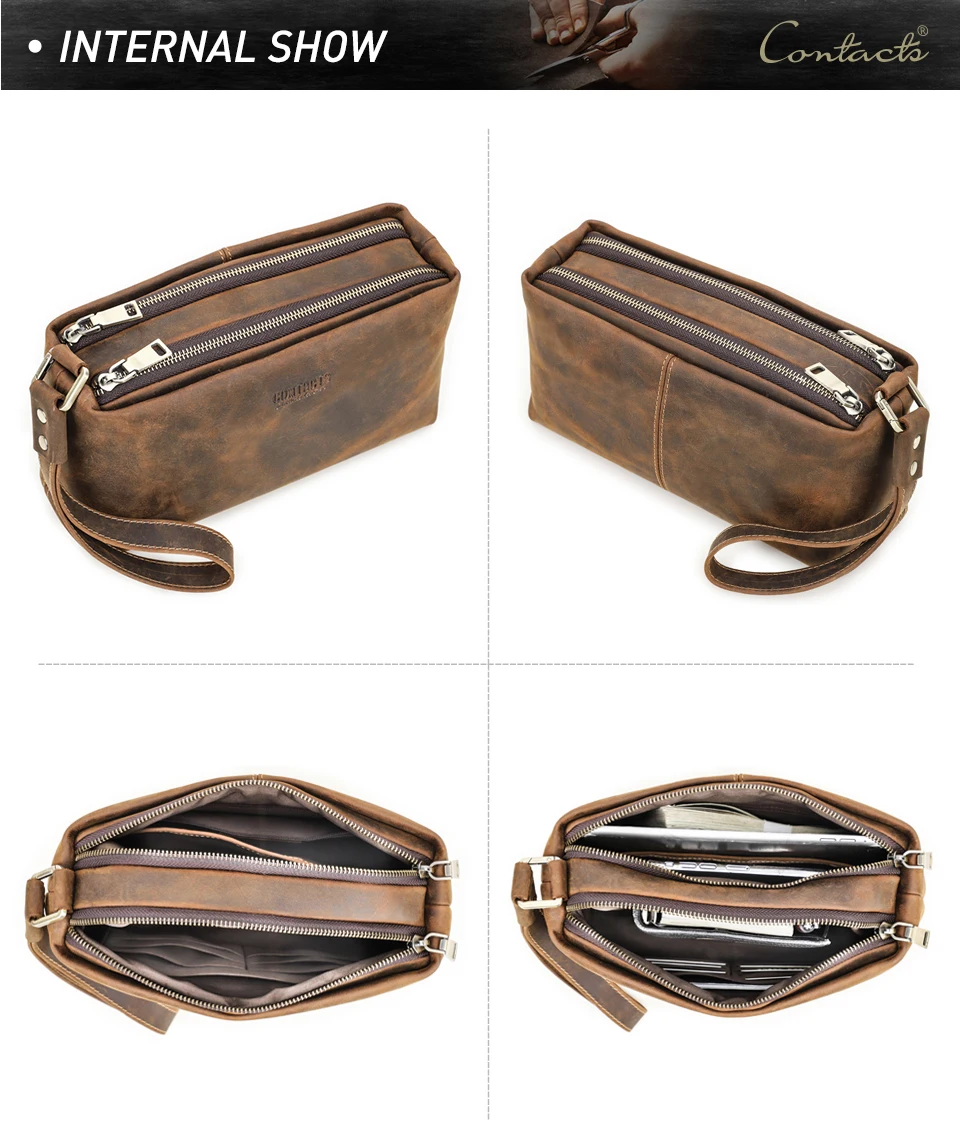 CONTACT'S Vollnarbenleder Herren-Handgelenktasche mit Doppelreißverschluss, Reise-Organizer, große Kapazität, handgefertigte Herrentasche – Detail 9