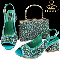 QSGFC 2024 Rhinestone Design INS Hot Sale New Arrivals African Shoes and Bag Set in Green Color Open Toe Comfortable Women Heels