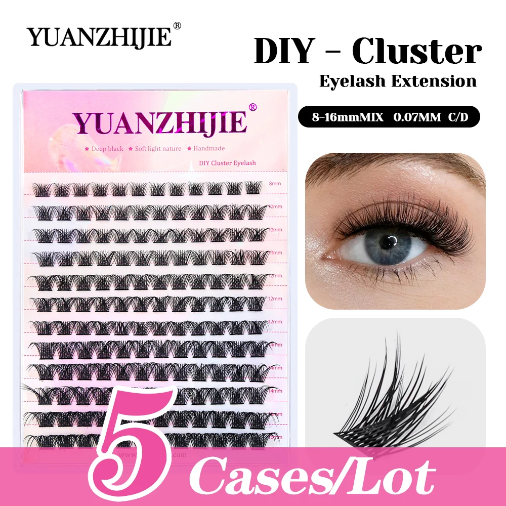 144 Pcs 5cases/lot YUANZHIJIE Premium Velvet Fiber DIY Cluster Lashes Long-lasting Waterproof Russian Volume Lash for Daily Wear