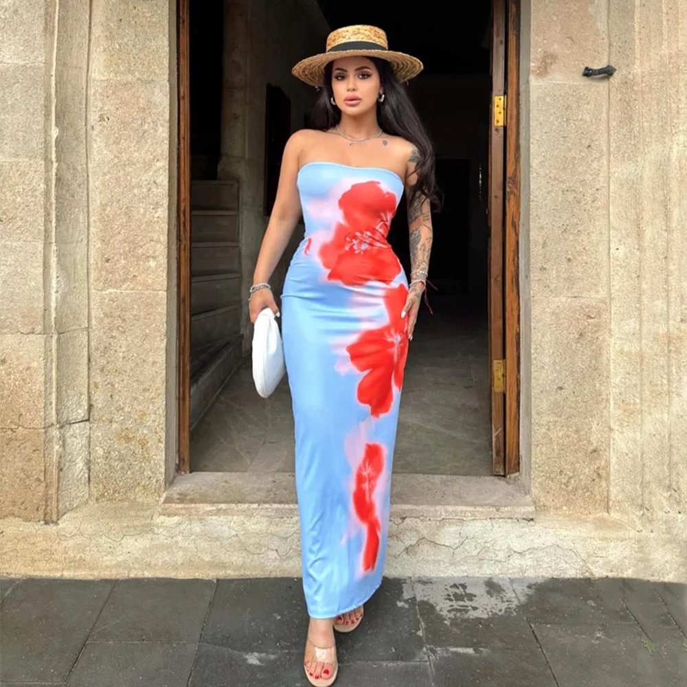 

Chic Print Tube Maxi Dresses Summer Beach Hip Wrap Slit Strapless Dress Women Sexy Y2K Sleeveless Off Shoulde Slim Long Sundress