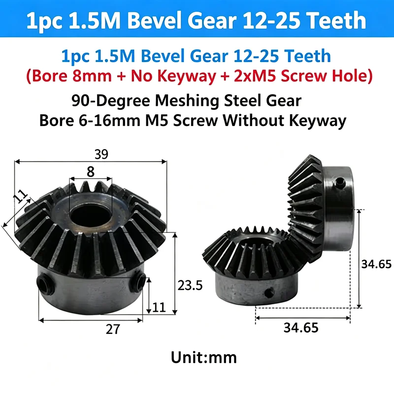 1pc 1.5M Bevel Gear 12‑25 Teeth 90‑Degree Meshing Steel Gear Bore 6‑16mm M5 Screw Without Keyway