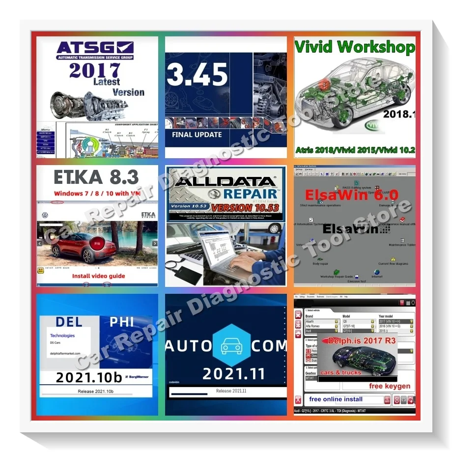 

Vehicle repair software Alldata10.53 autodata3.45 Auto-coms 2021.11 elsawin 6.0 etka8.3 vivid workshop 2018 Delphis diagnostic