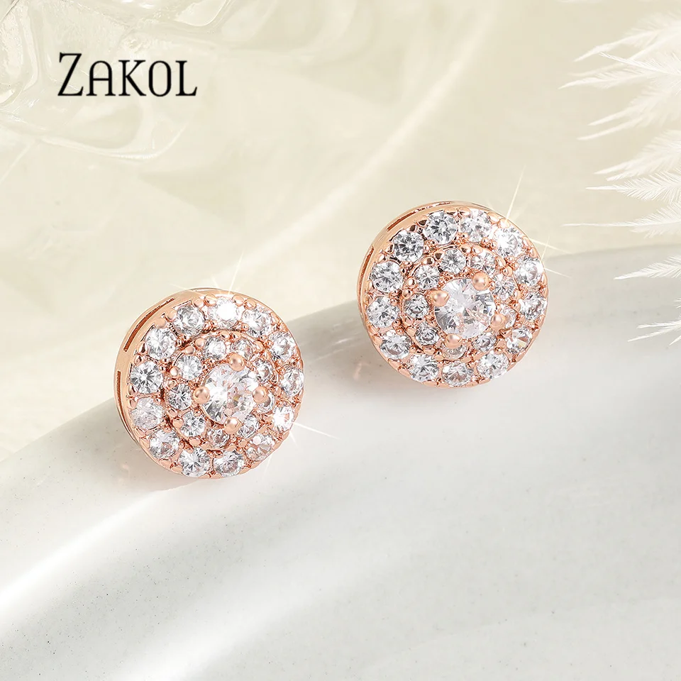 ZAKOL Personalized Gold Color Round Inlaid Shiny Zircon Stud Earrings For Women Fashion Elegant Evening Luxury Jewelry ZPE1756