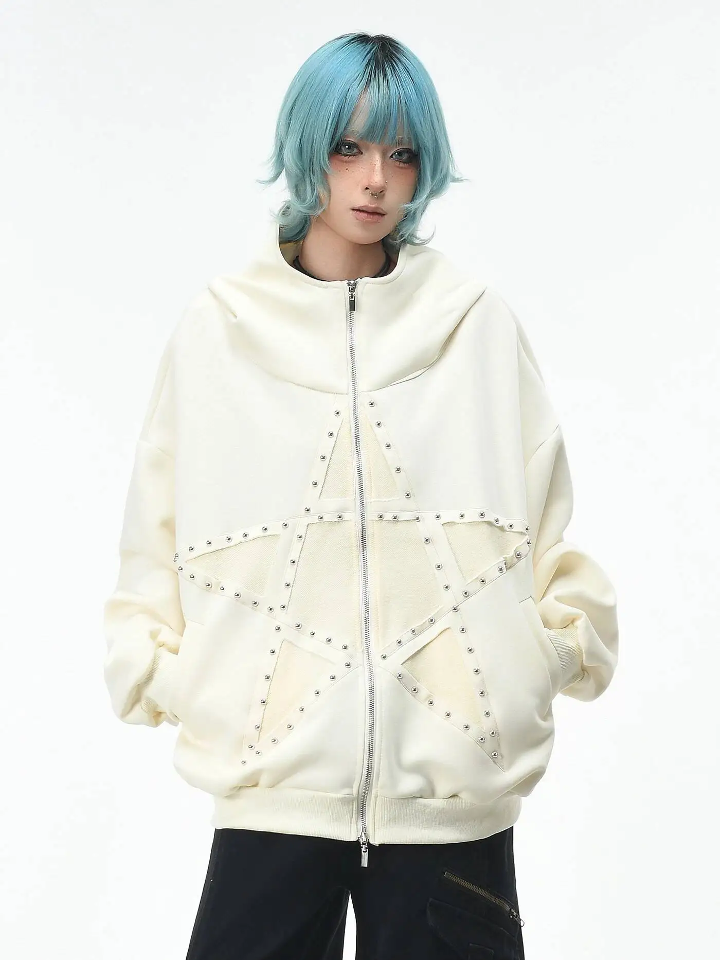 Unisex Hooded Sweater 2026 New Vintage Street Cardigan Five Pointed Star Rivet Design Loose Oversized Zip Up Sweatshirt Unisex