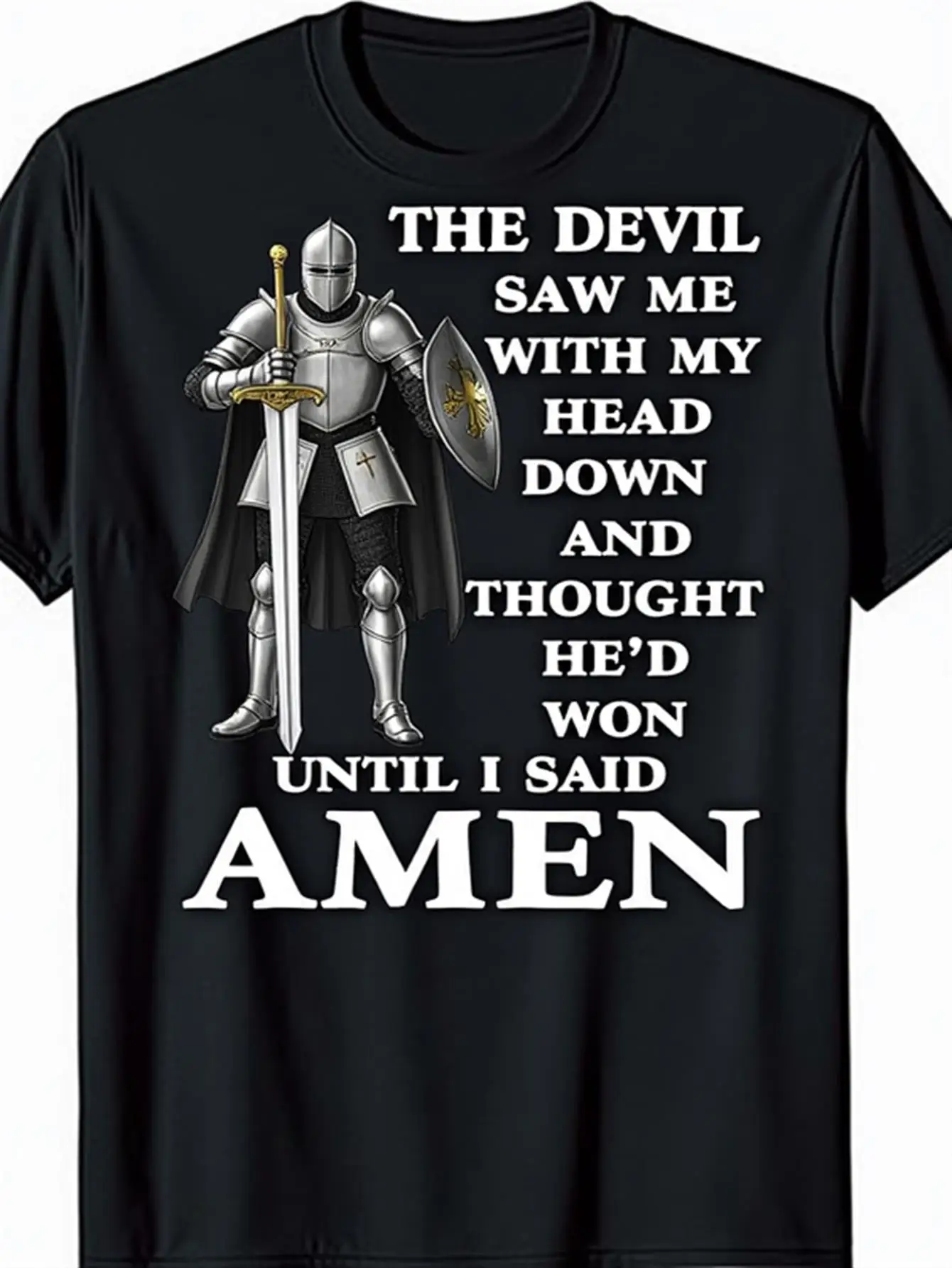 

Men's Christian Faith T-Shirt Knight and Armor Design Devil Sees Me Holding a Sword Bible Verse Psalm 235 100% Cotton Casual Religious Clothing Short Sleeve Crew Neck Top Suitable for Church Activities Street Style