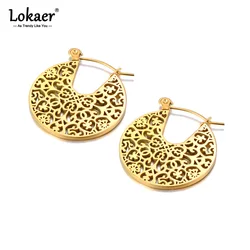 Lokaer Vintage Round Hollow Geometric Pattern Hoop Earrings Gold Color Stainless Steel Texture Ethnic Jewelry For Women E23231
