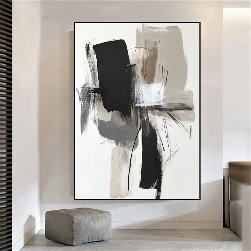 Modern Black-White Abstract Pure Hand Drawn Abstract Oil Painting On Canvas Living Room Bedroom Home Decoration Texture Wall Art