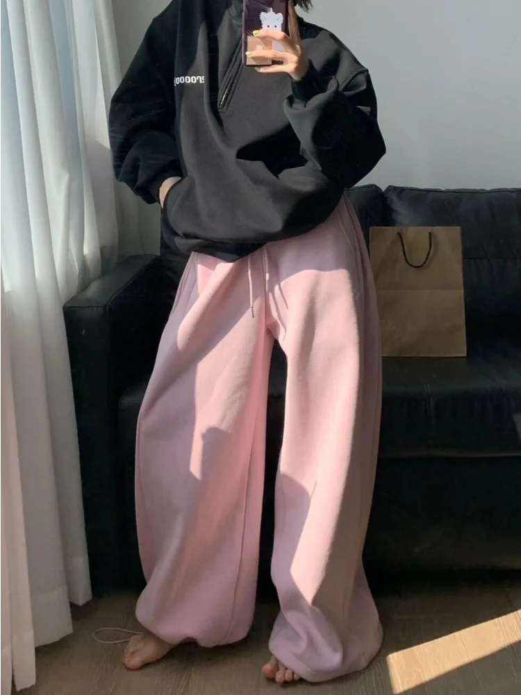 HOUZHOU Y2k Vintage Baggy Warm Sweatpants Pink Thick Korean Fashion Oversized Pants Harajuku Streetwear Trousers Winter Autumn