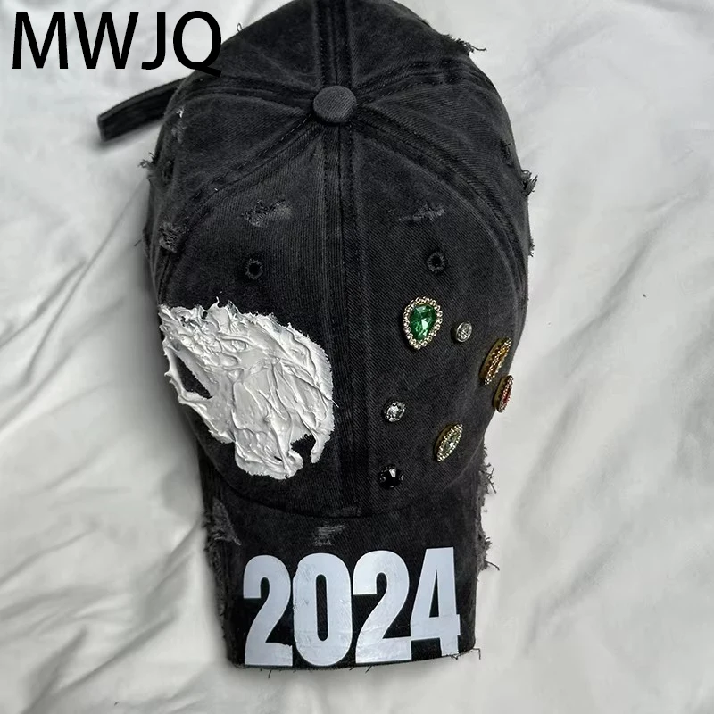 MWJQ Destroy Design Vibe Style Baseball Caps Men's High Street Washed Worn-out 2024 Spring Fashion New Black Male Hat 010067