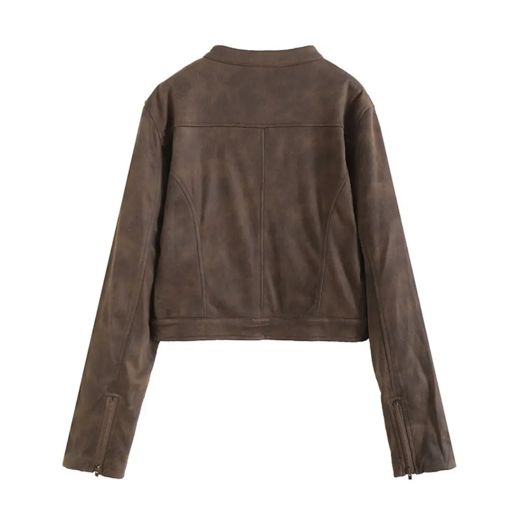 

Women's American-Style Vintage Washed Suede Leather Coat Slim-Fit Stand Collar Short Jacket for Autumn Top