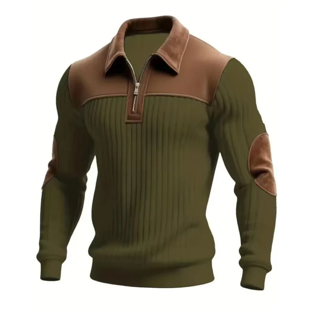 New Arrival Men Color Block Corduroy Collar Ribbed Long Sleeve Half Zip Polo Sweater Elbow Patches Casual Pullover Sweatshirts