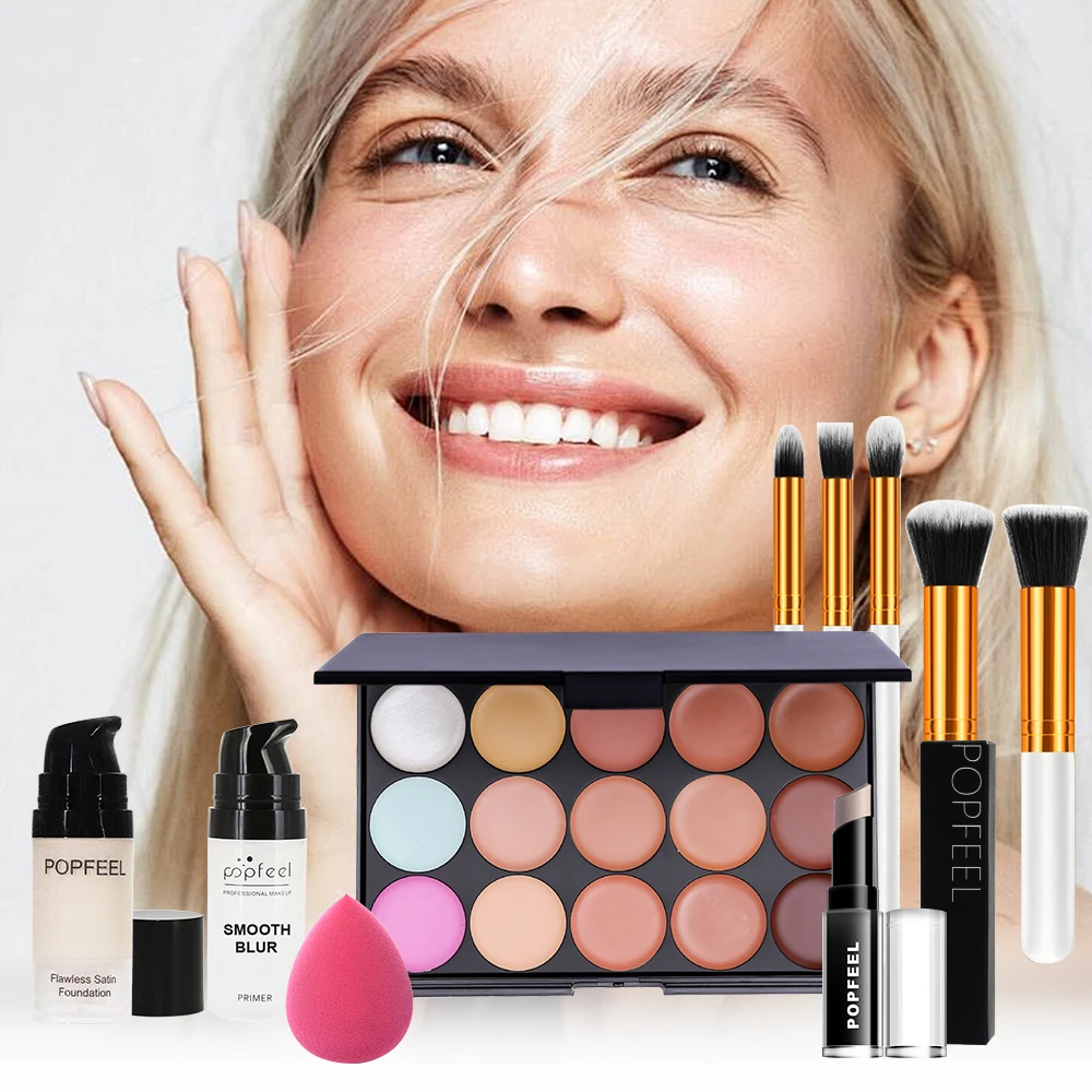 مجموعة مكياج للوجه مكونة من 10 قطع من POPFEEL - مجموعة كريم أساس وخافي عيوب البشرة - مجموعة مكياج كاملة للوجه لا تشوبه شائبة