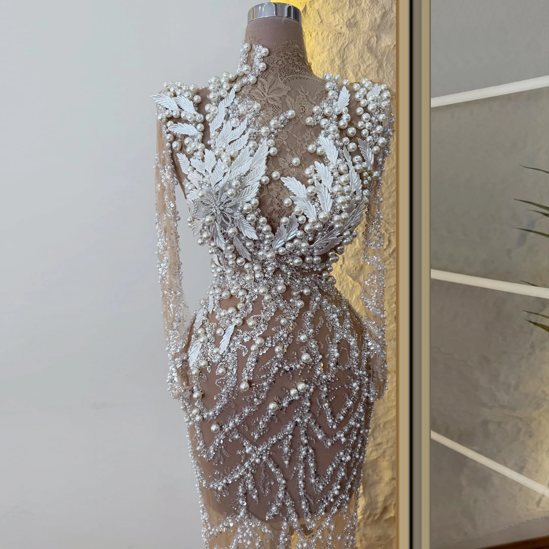 

Кружевное платье с жемчужными пайетками, платье русалки цвета шампанского, праздничное и праздничное платье, элегантное платье из тюля с длинными рукавами, платье для выпускного вечера 2025