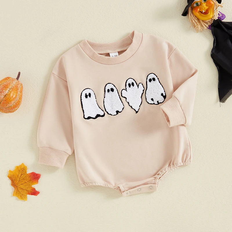 Infant Baby Girl Boy Sweatshirt Romper Ghost Embroidered Patch  Playsuit Jumpsuit Newborn Halloween Clothes