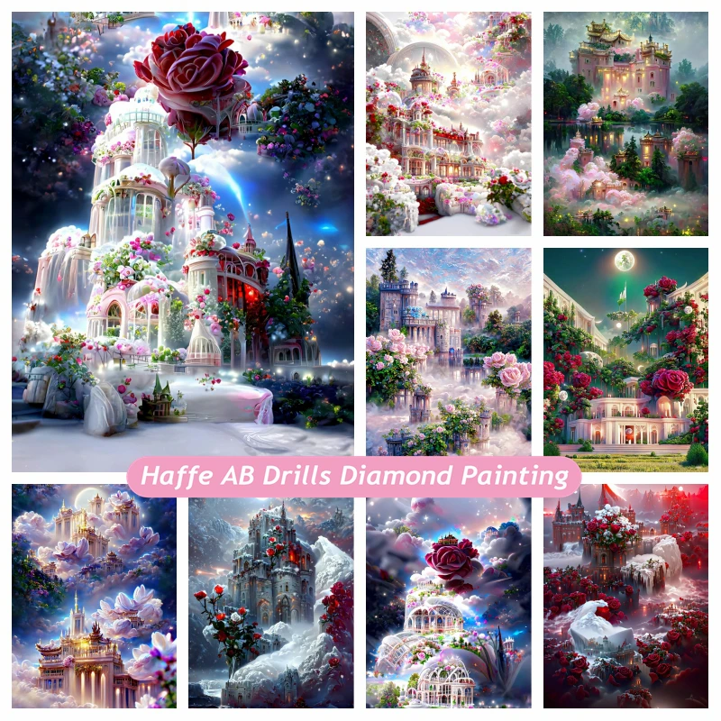 Fantasy Chateau Montrose Diamond Painting AB Drills Dream Pink Flower Castle Landscape Crystal Cross Stitch Mosaic Home Decor