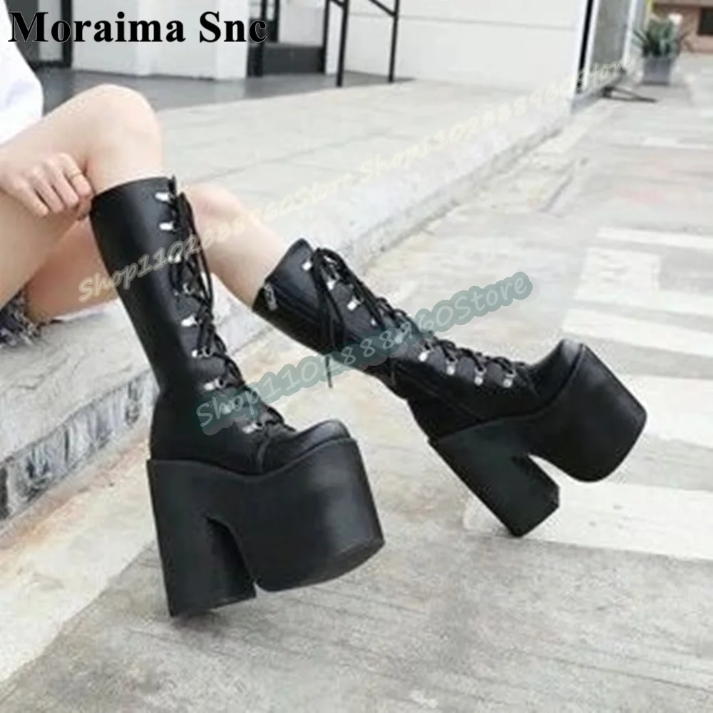 

Mid Calf Black Leather Platform Cross Tied Boots Thick Heel Shoes For Women Side Zipper Pointed Toe Punk Style Trending Boots