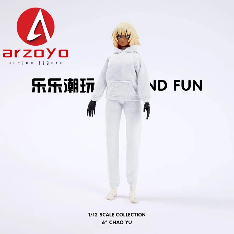 Model ubrań w skali 1/12: bluza sportowa z kapturem i spodnie, pasuje na figurki żołnierzyki damskie Romankey o wysokości 6 cali, modelujące się na żółwiu.