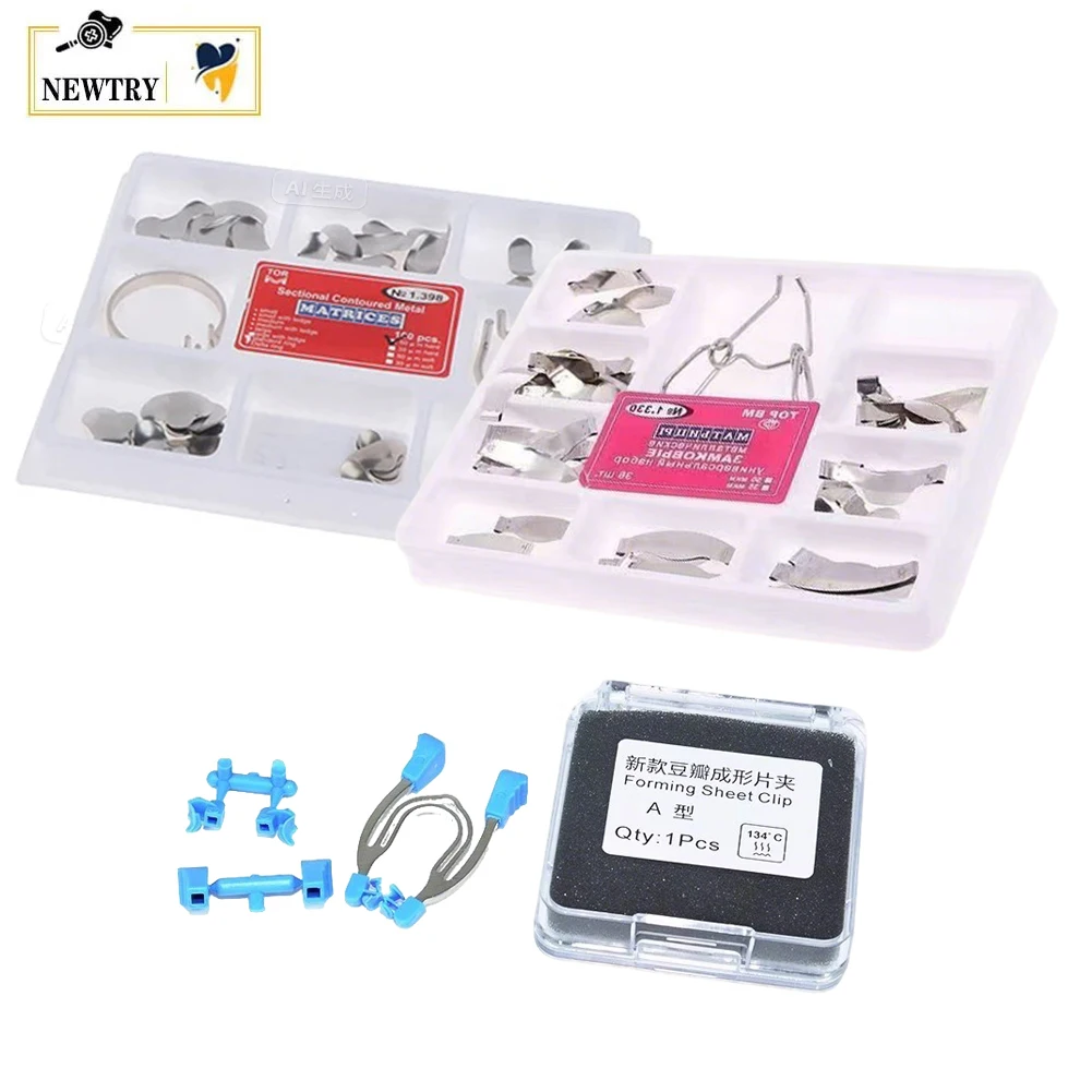 

Wholesale 5 Boxes Dental Sectional Contoured Matrix Band NO.1.330 1.398 Tooth Restoration Metal Tools Matrices Clamps Clip Plier