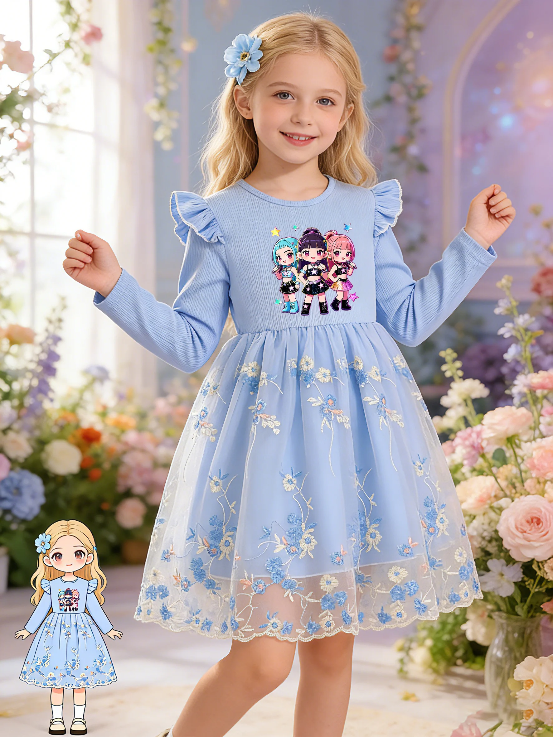 Little girl's sweet and cool girl group printed dress, 3D blue flower embroidered tulle princess dress
