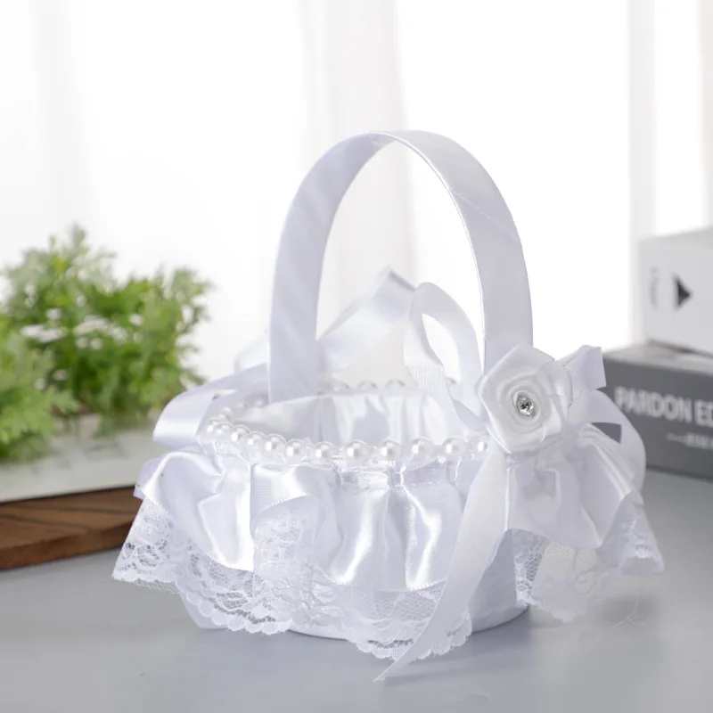 White Flower Girls Basket Pearl Lace Simple Wedding Basket for Flower Bride/kids Hand Held Wedding Ceremony Party Decorations image 2