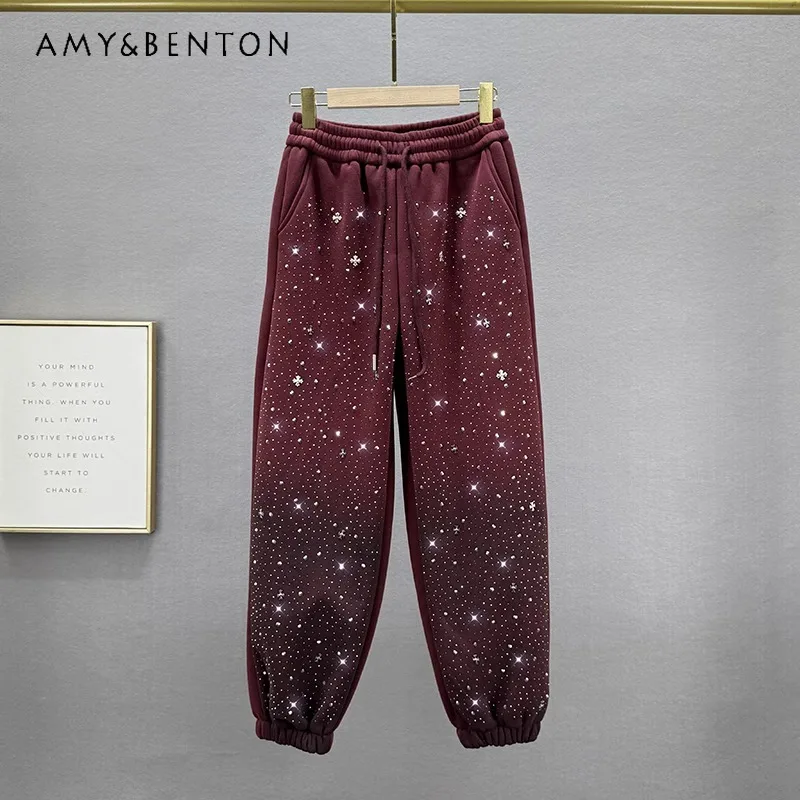 Diamond Drills Casual Pants Women's Sweatpants Piled And Thickened 2024 New Winter Warm High Waist Loose Thin Y2k Long Trousers