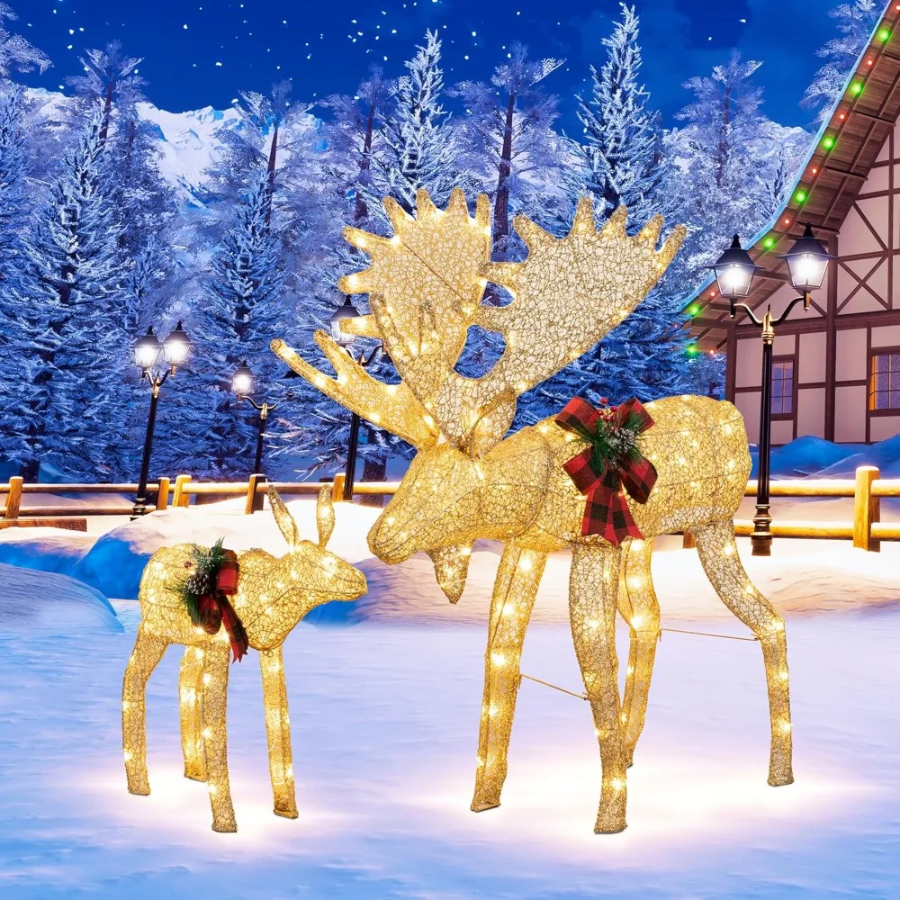 Lighting for Christmas Reindeer Family, Pre Installed with Golden Christmas Decoration Deer, Equipped with Warm White LED Lights