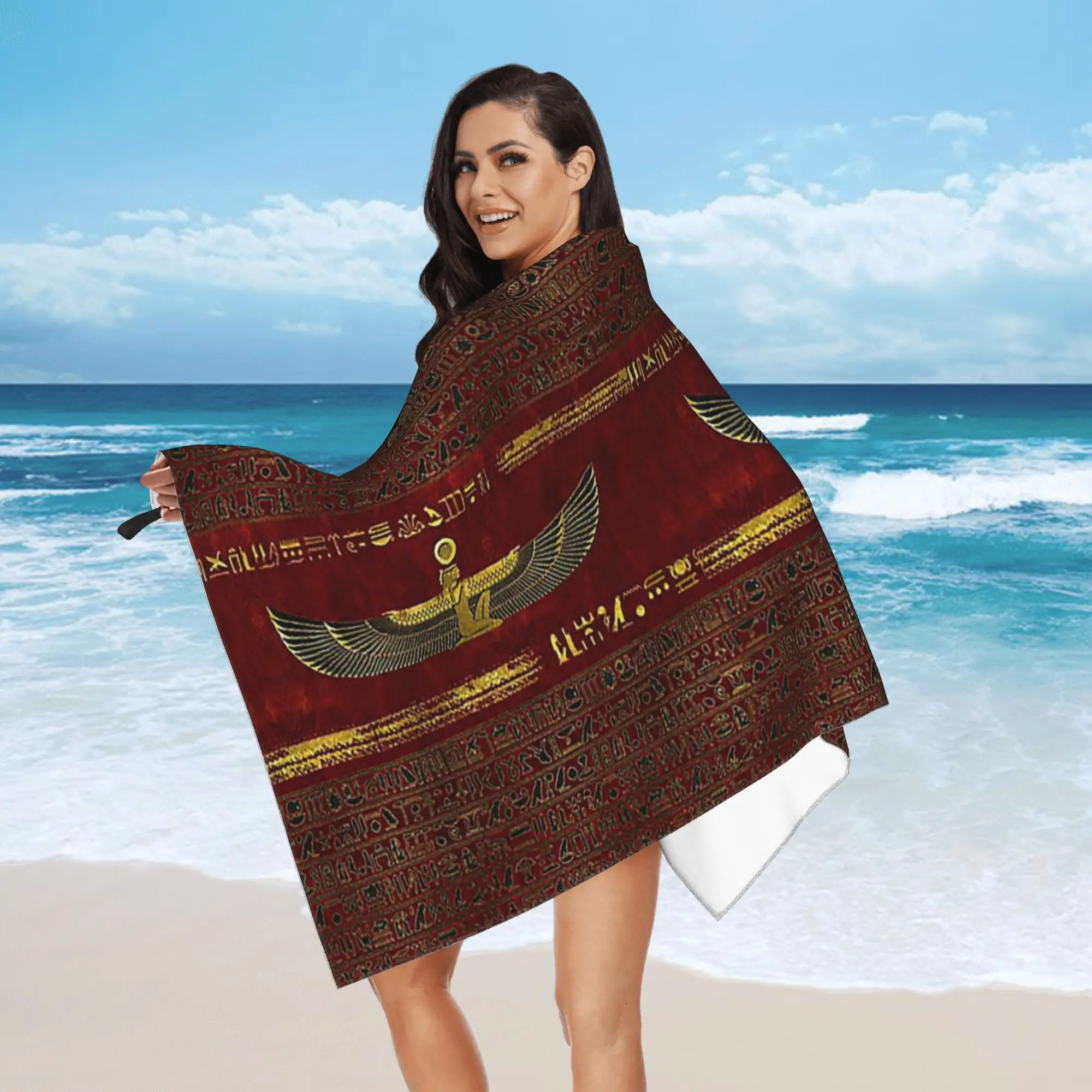 Golden Egyptian God Ornament on red leather Beach Towel Soft Microfiber Quick Dry Absorbent Quick Towels For Bath