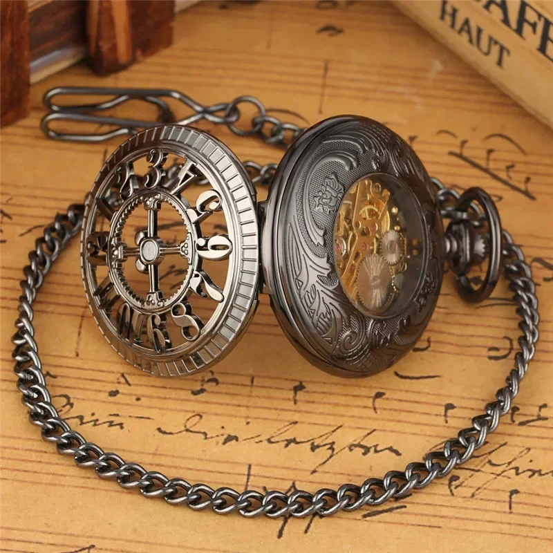Antique Full Black Unisex Handwind Mechanical Pocket Watch Arabic Number Dial Manual Skeleton Clock Pendant Chain Collectable