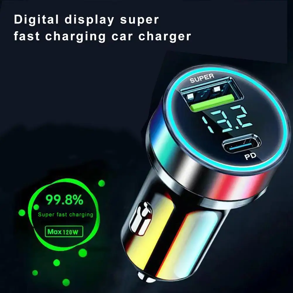 Digital Display Super Fast Charging Car Charging 66W Type Charger Display C Metal USB Portable Charger Car 12-24V 120W