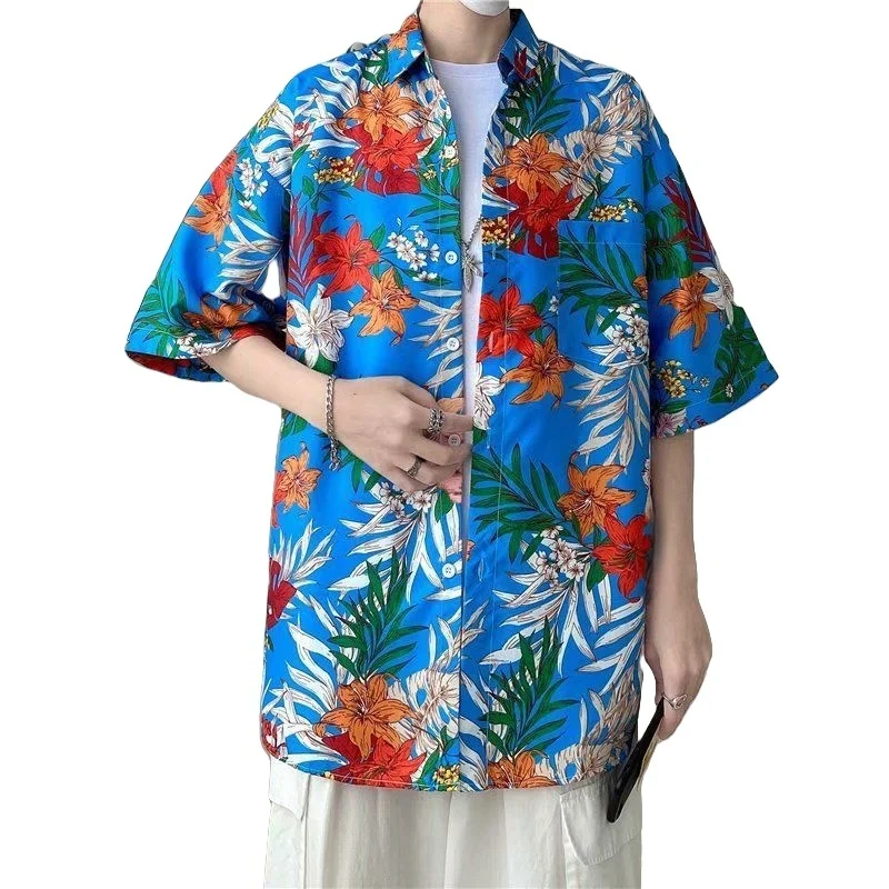 Summer Men's Retro Short Sleeve Floral Shirt Harajuku Loose Hawaiian Flower Shirt Beach Sun Protection Clothing Half Sleeve Top