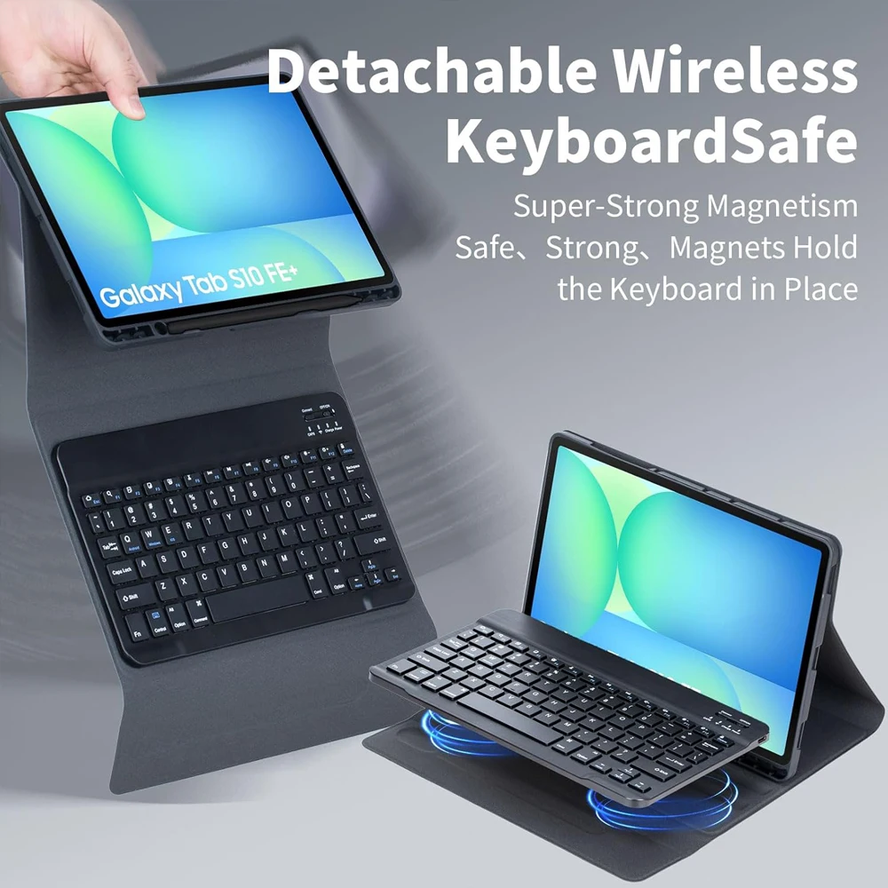 삼성 갤럭시 탭 S10 FE 플러스 13.1인치 태블릿 케이스, 탭 S10 FE+ 13.1인치용 탈착식 키보드 커버 (펜슬 홀더 포함)