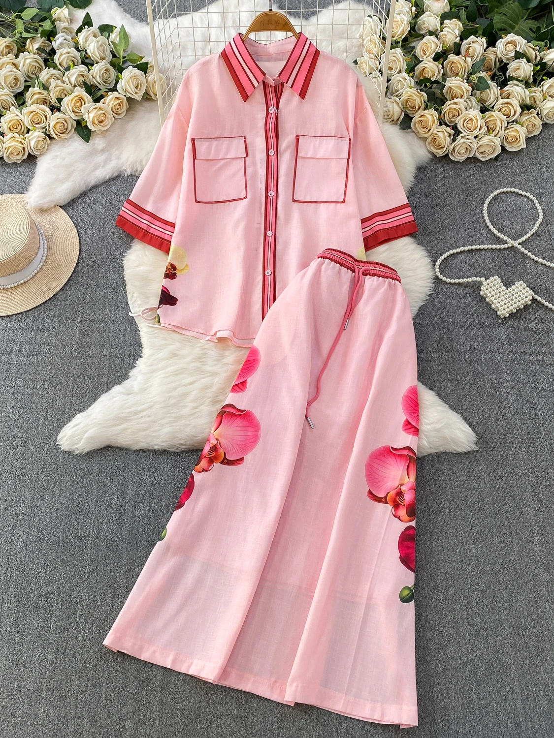 Retro Chic Contrast Color Print Collar Shirt High Waist Commute Slimming Belted Long Dress Two Piece Set Summer Fashion