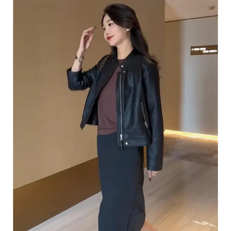 Chaqueta de cuero sintético para mujer, abrigo corto, holgado, informal, color negro, estilo coreano, para primavera y otoño, novedad de 2024