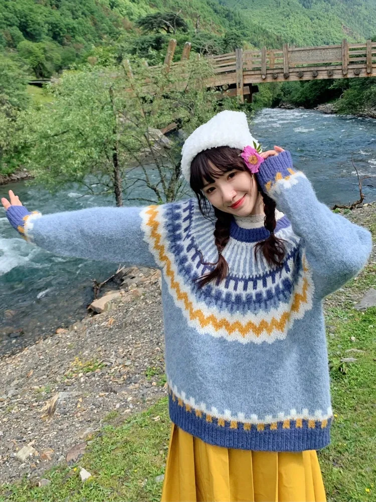 106cmBust FallWinter الأزرق البلوز سترة المرأة أنيقة فضفاضة خمر أيسلندا معرض جزيرة س الرقبة طويلة الأكمام الصوف محبوك سترة