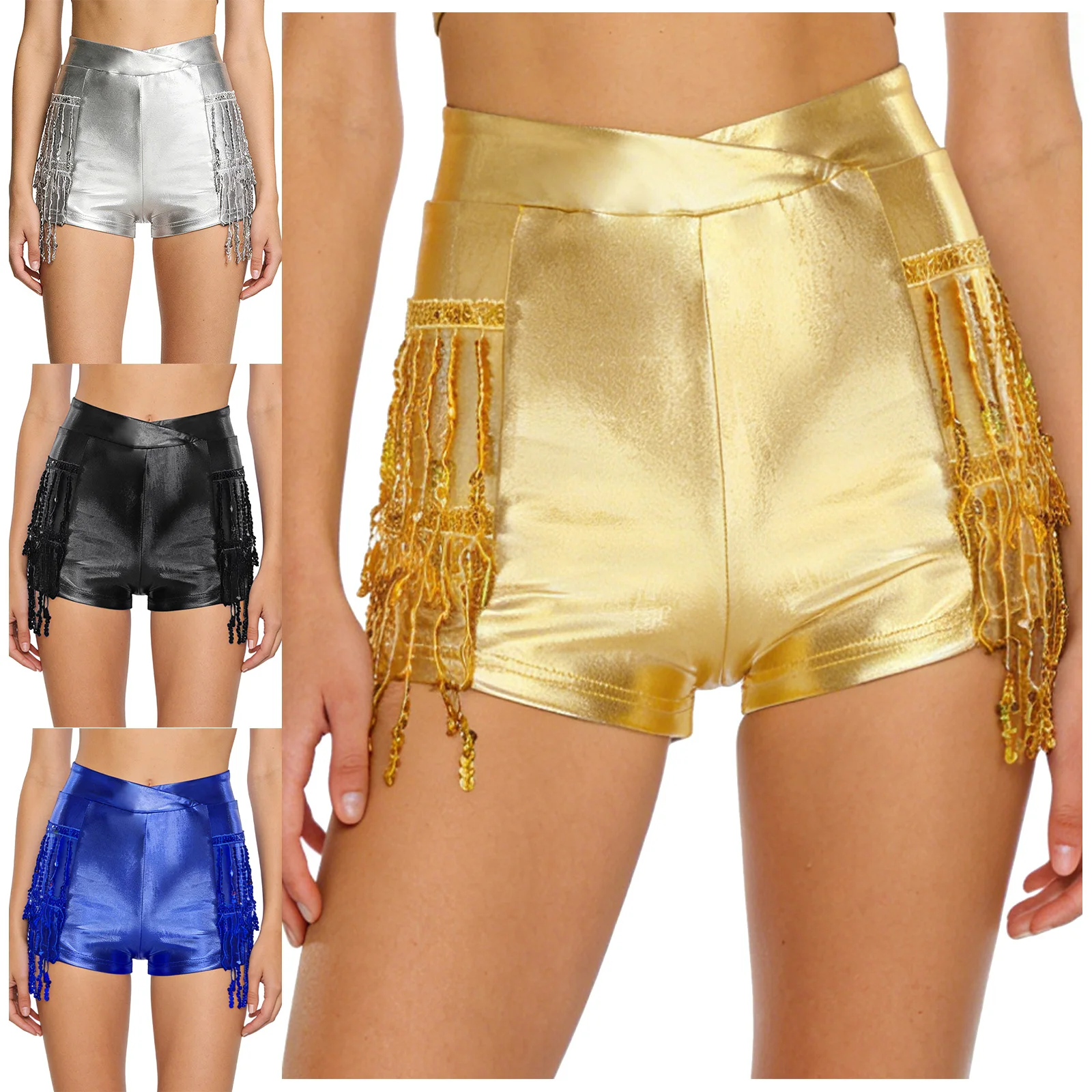 Damskie metaliczne, błyszczące krótkie spodenki do tańca latynoamerykańskiego, disco, jazzu, zdobione frędzlami, mikro szorty do rumby, tanga, tańca na rurze, spodnie sceniczne.