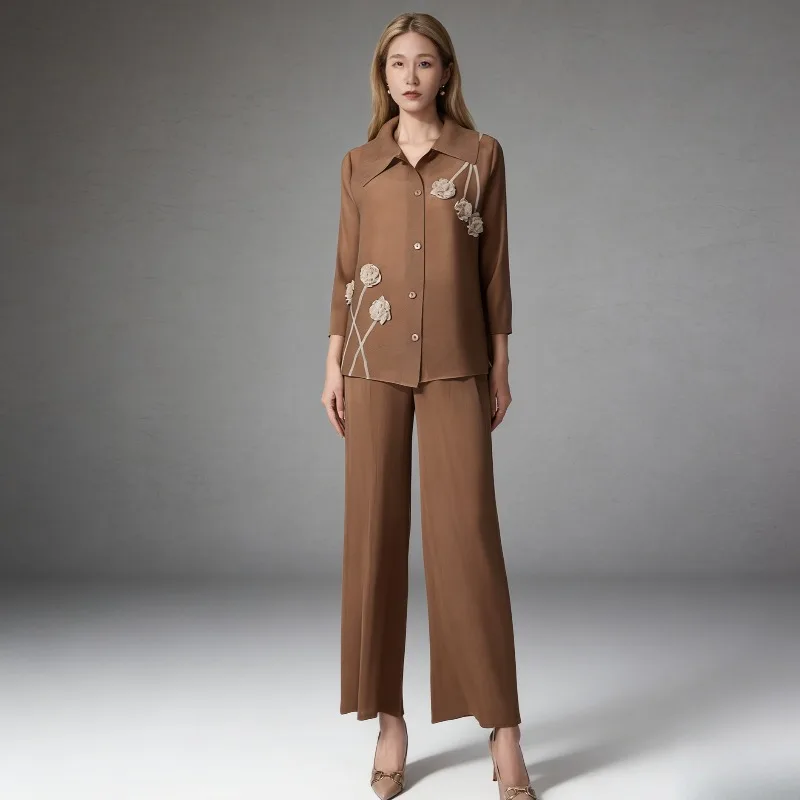 

Miyake Pleated Pants Set Women 2026 Spring/Summer New High-End Floral Lapel Cardigan Top+High-Waisted Wide-Leg Pants 2-Piece Set