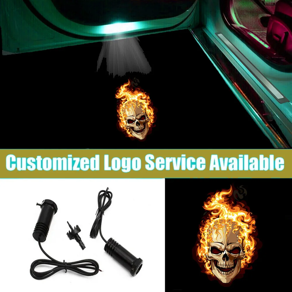 2pcs Wired Flame Skull LED Logo Pattern Car Door Welcome Light Laser for Rio Stinger Silverado Universal