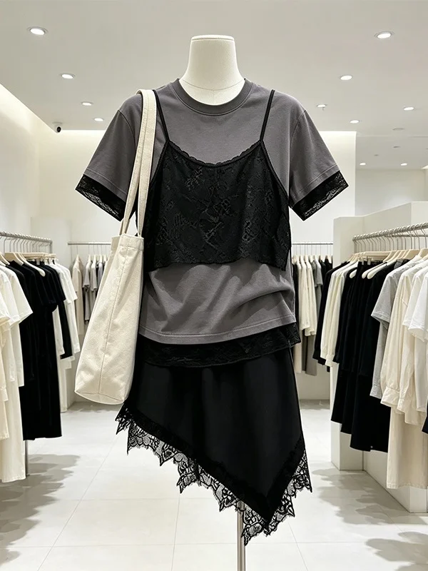 

Large Size Women's Summer New Style Asymmetrical Half Skirt Two-Piece Set Casual High Waist A-Line Short Dressing Style